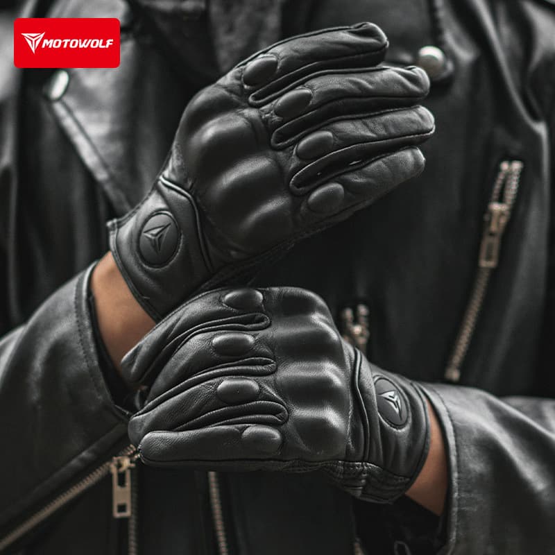 Motorcycle Windproof Genuine Leather Gloves Vintage Rider Perforated Summer Breathable Full Finger Anti-Fall Leather Gloves