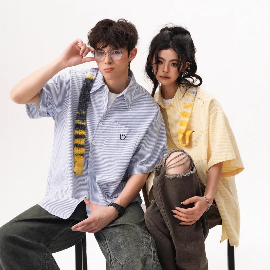 American Smiley Face Embroidered Short Sleeve Shirt for Men and Women Summer Loose Cuban Collar Striped Half Sleeve Shirt Casual Jacket