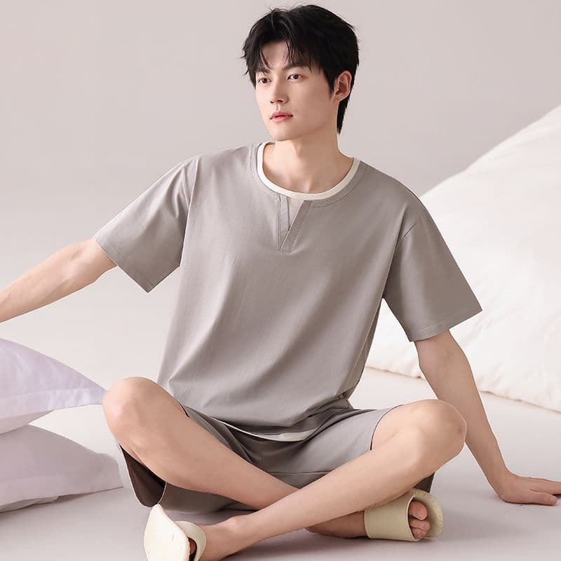 100% cotton pajamas for men summer short-sleeved shorts teenagers plus size casual wearable cotton home clothes for men