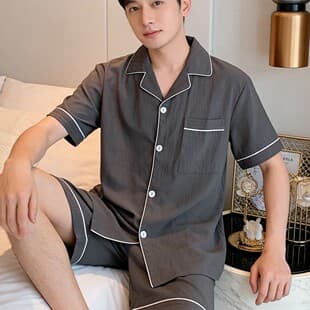 Cloud Cotton Pajama Set for Men - Cardigan Style, Solid Color, Short Sleeve & Shorts, Summer Loungewear