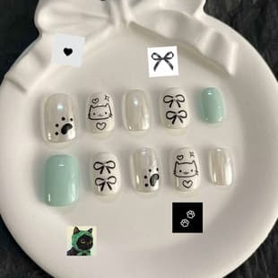Cartoon White-Boosting Bowknot Cute Black Cat Wearable Nails Daily Simple Light Luxury Premium Japanese Girl Nail Art
