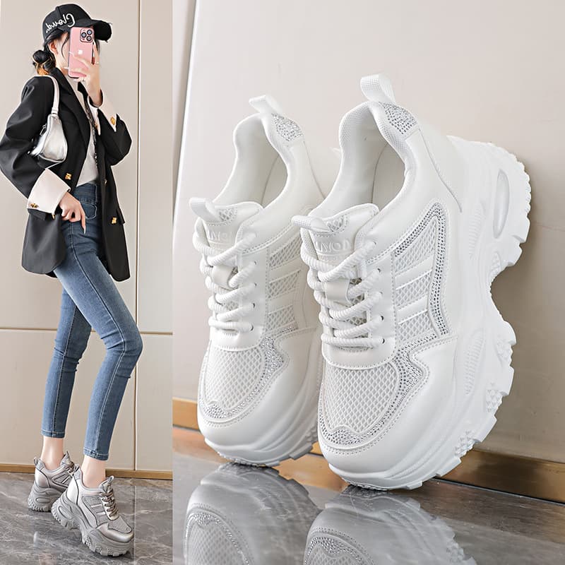 New Dad Sneakers for Women 2026 Round Toe Mesh Breathable Thick Sole Hidden Height Increase Casual Versatile White Shoes