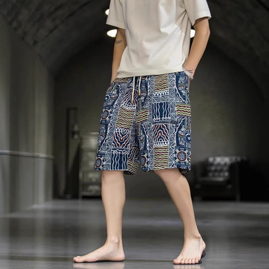 Exotic style retro national trend casual shorts men's cotton and linen floral men's beach pants for home rafting and outer wear three-quarter pants