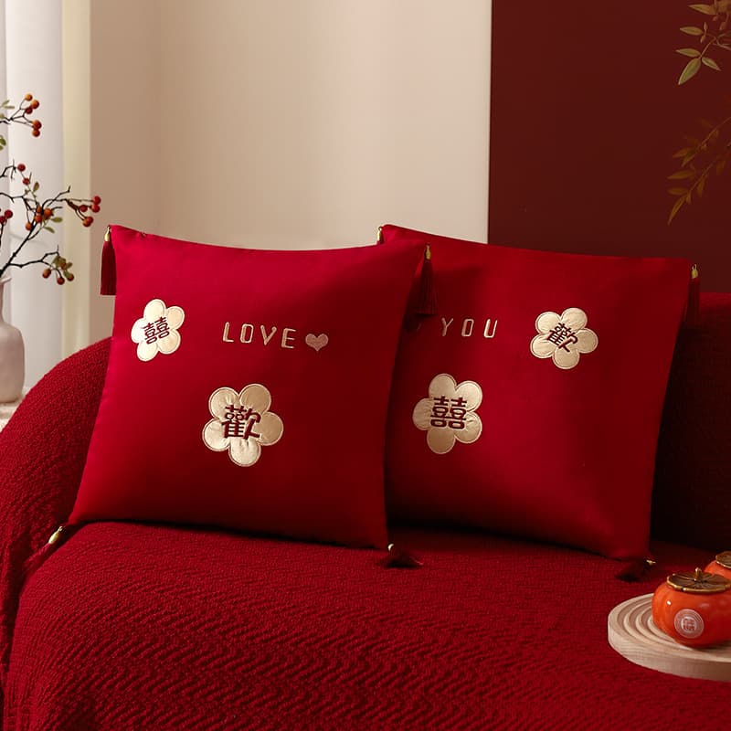 A pair of wedding-themed "Double Happiness" throw pillows for bridal chamber sofa decoration, featuring creative embroidery and tassels, popular on Xiaohongshu.