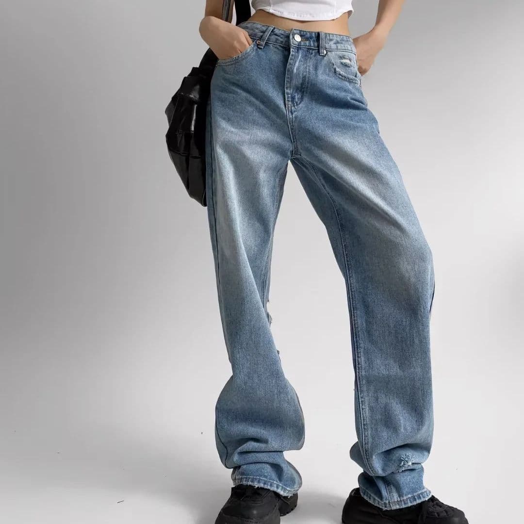 High Waist Loose Straight Leg Denim Jeans Women's Summer Casual Fashion Torn Worn Wide Leg Pants Comfortable Cotton Blend