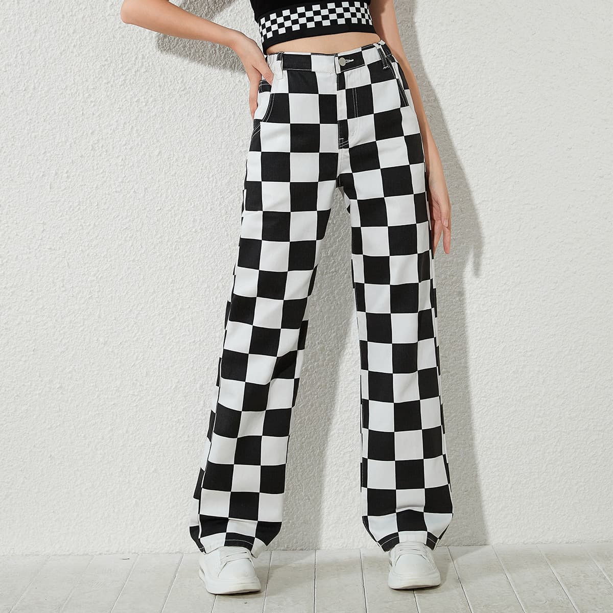 European and American Amazon Street Style Loose Casual Wide Leg Pants for Teen Girls, Checkered Pattern Children's Jeans