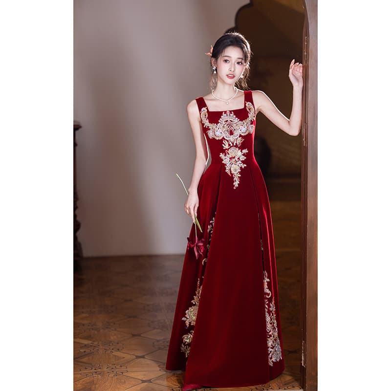 Suspender toasting dress bride red high-end sense of national style engagement dress skirt female wedding dress out of the pavilion banquet temperament