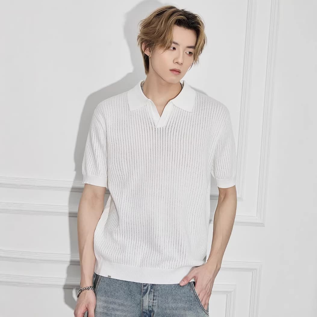 Simple Lapel Korean Style Short Sleeve Sweater Men's Trendy Solid Color Knit Top 2026 Summer New Arrival