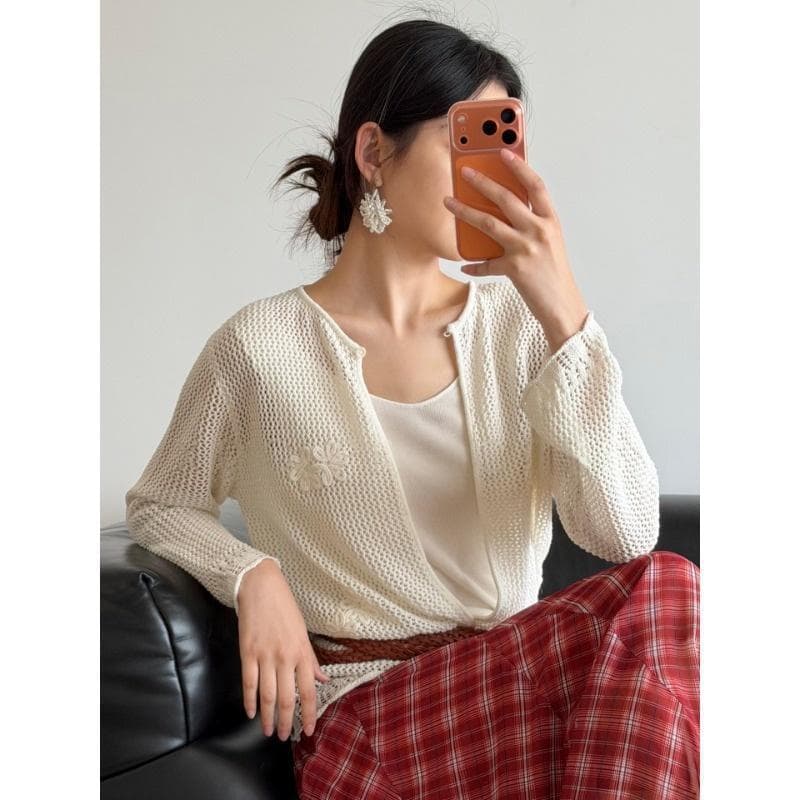 Island Vacation Style ~ Summer Hollow Knit Cardigan for Women, Lightweight Linen Tencel Sun Protection Cover-Up H032807