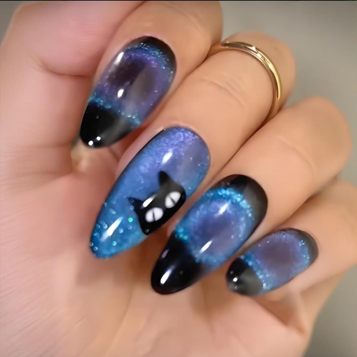 European and American Cross-Border Halloween Dark Night Starry Sky Black Cat Wearable Nails Almond-Shaped Fake Nails Press On Nails