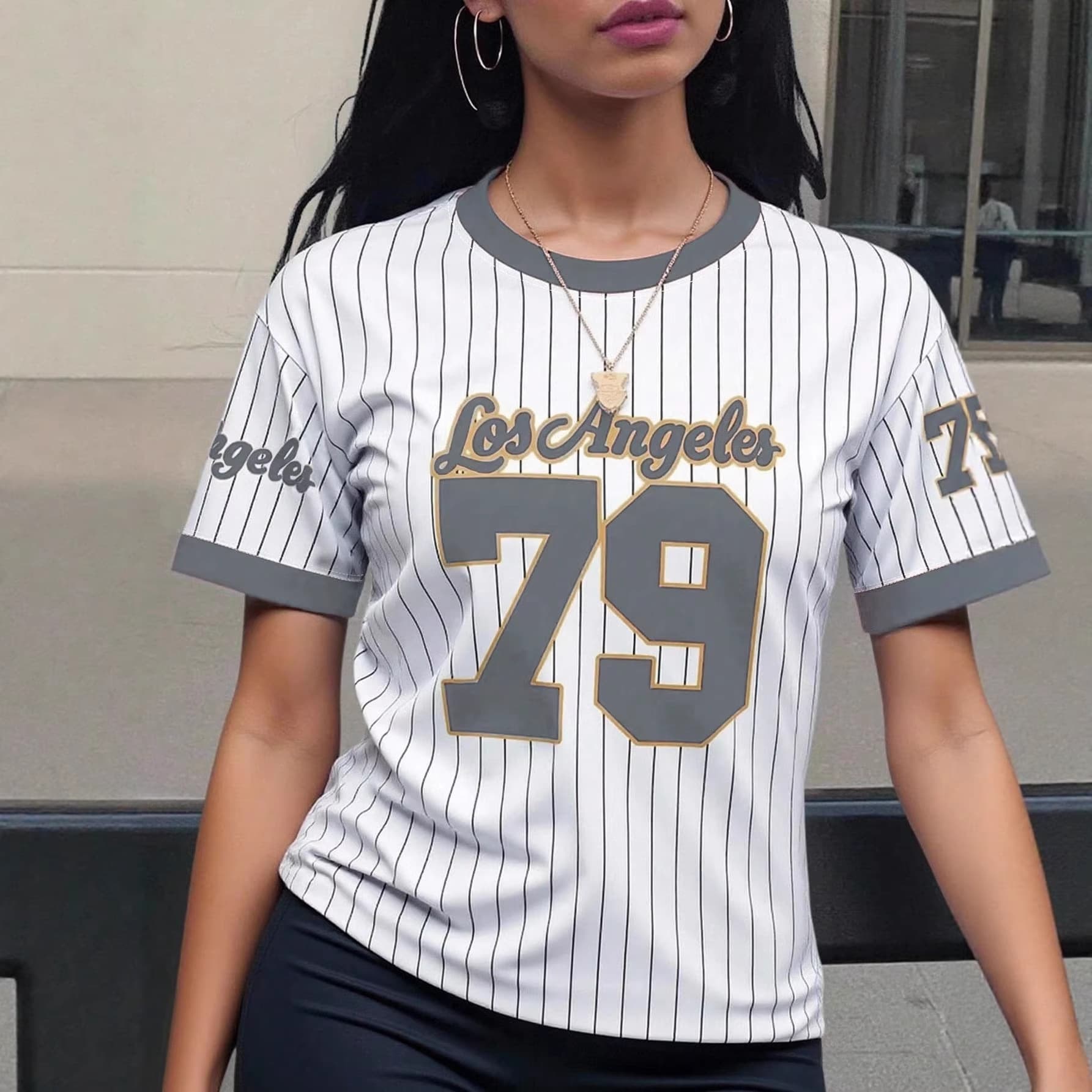 Cross-border European and American Sports Style Retro Jersey Loose Round Neck Short Sleeve T-Shirt 3D Digital Number Stripe Print Top
