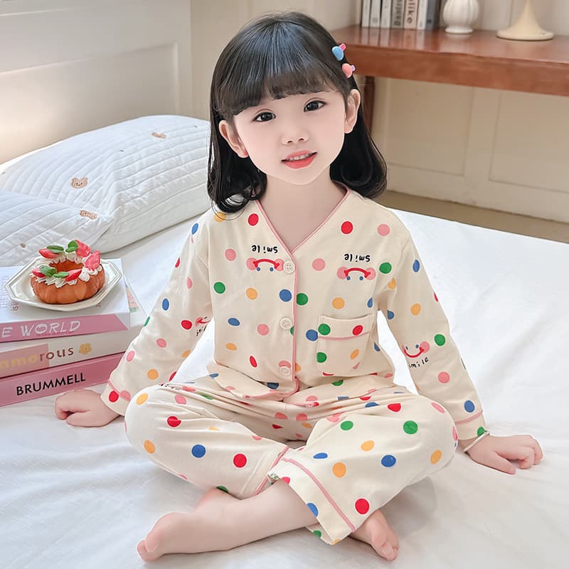 Girls Spring and Autum Cotton Pajamas Set Baby Girl Long-Sleeved Cotton Cardigan Kidsren's Autum Home Wear Two-Piece Set