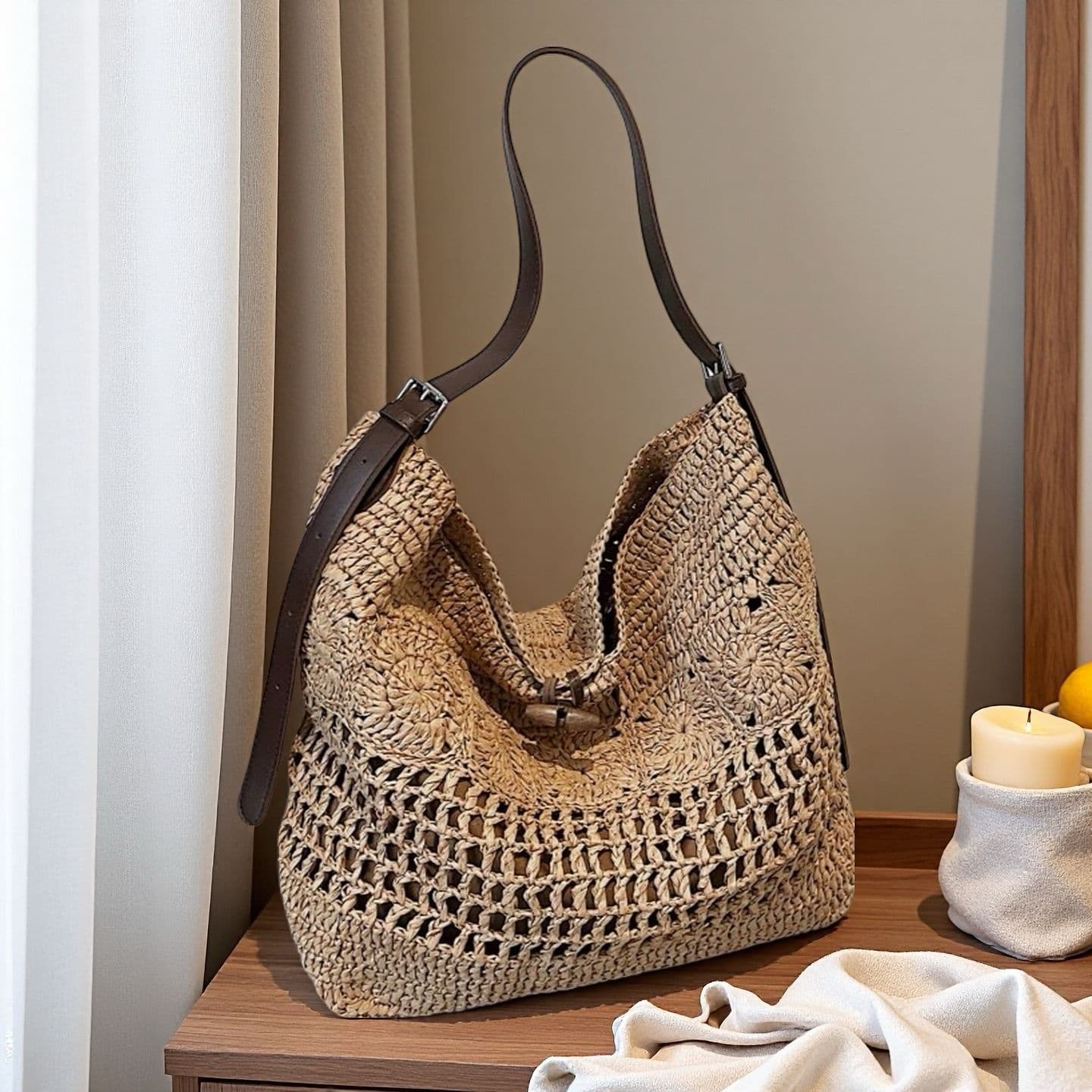 Original Premium Crochet Bag Large Capacity Woven Straw Tote Bag Hollow Knit Shoulder Bag for Vacation