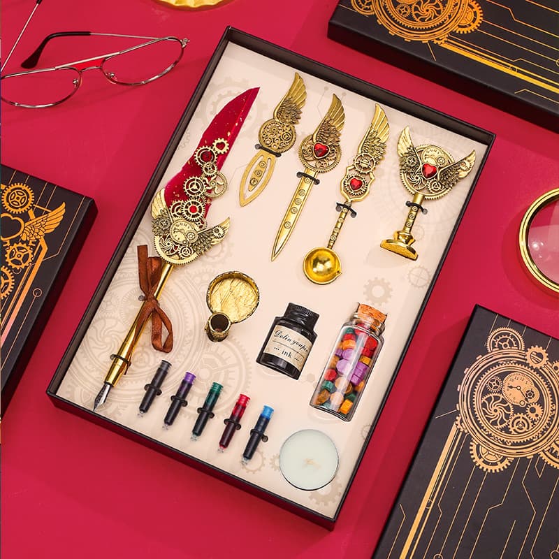 European Retro Feather Pen Set with Gold Sprinkled Gear, Feather Pen Set with Wings, Feather Dip Pen