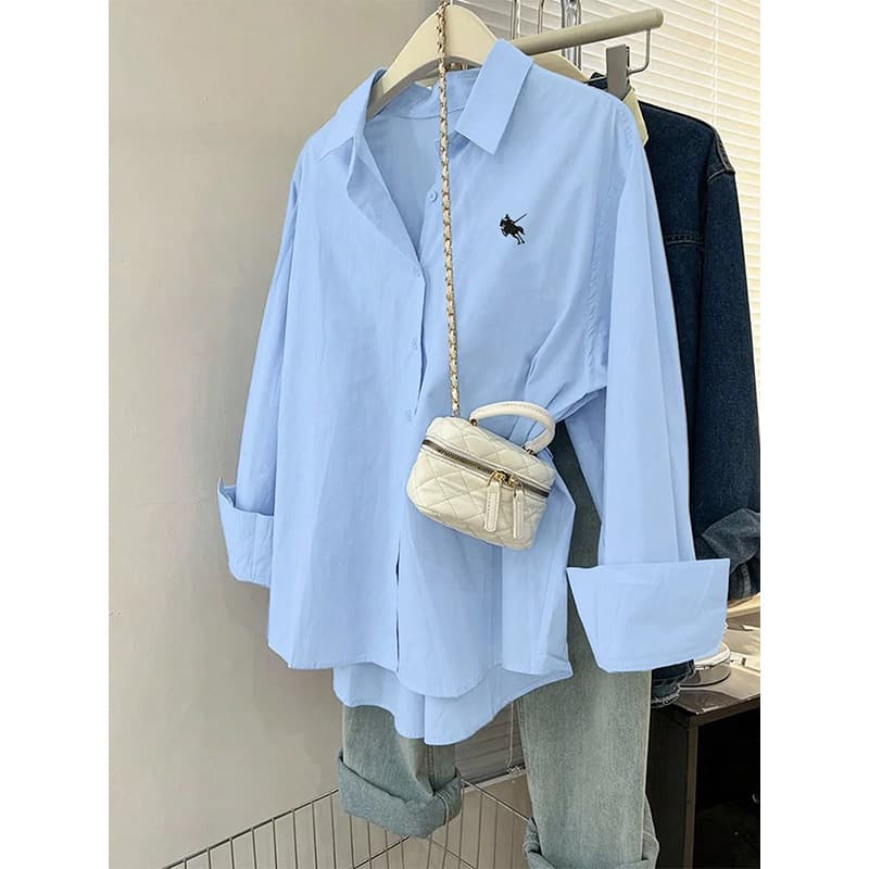 Plus Size Women's Solid Color Shirt with Minimalist Horse Embroidery, Loose Fit Long Sleeve Commuter Versatile Blouse