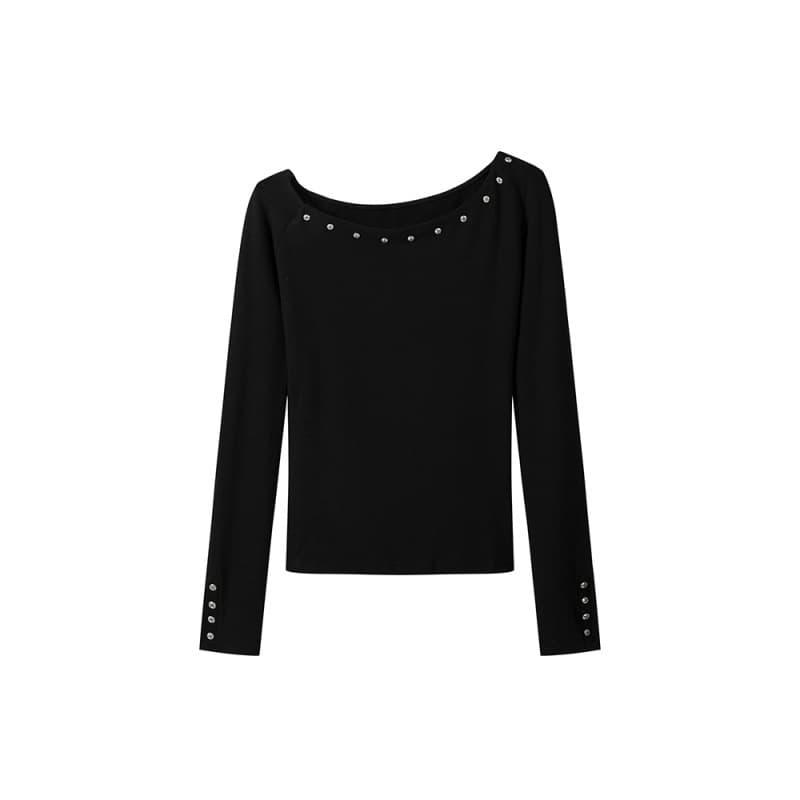 In-stock 2026 Autumn New Design Studded One-Shoulder Loose Long-Sleeve T-Shirt Women Elegant Versatile Top