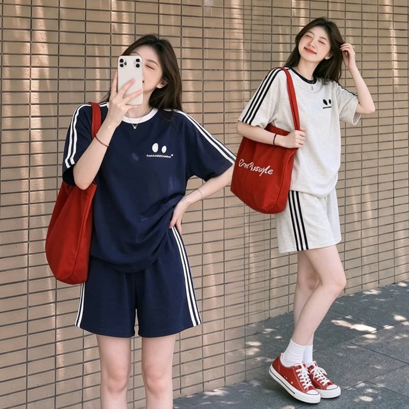 Maternity suit summer thin trendy mom new Korean style navy blue round neck short-sleeved top and shorts two-piece set for pregnant mom