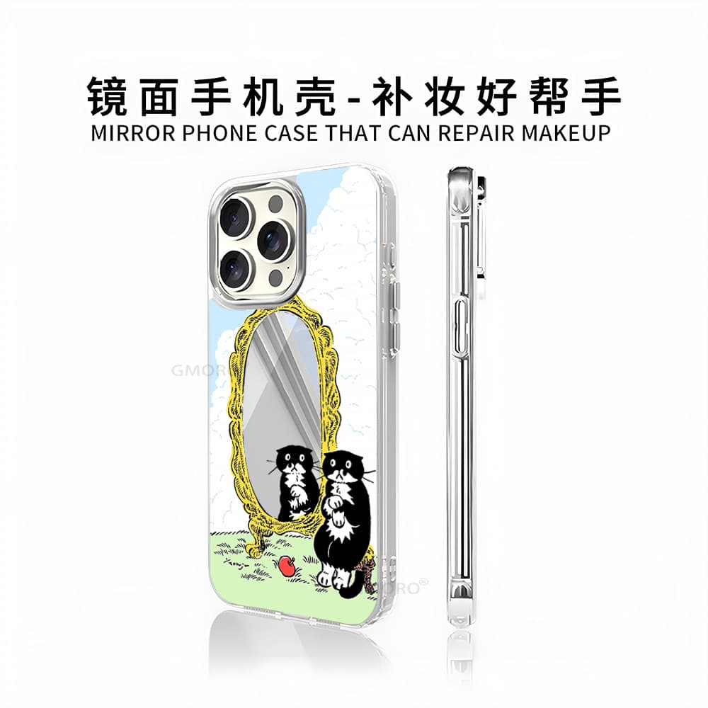 Cartoon black cat mirror illustration iPhone13 mirror phone case Apple 17 girls high-end makeup mirror case