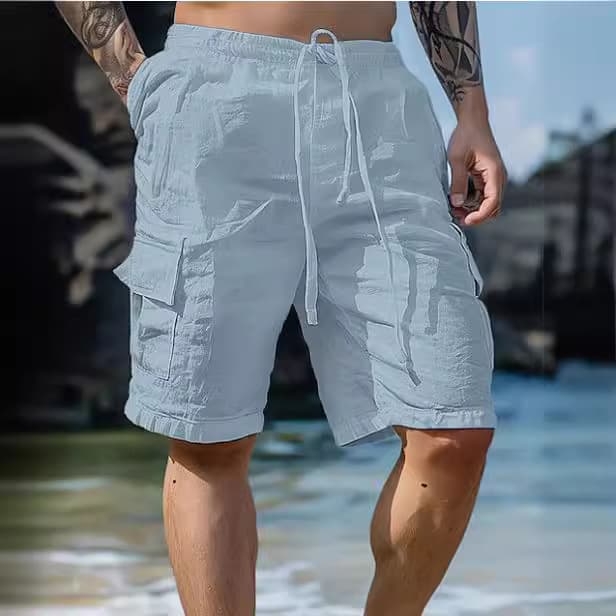 Cross-Border Cotton and Linen Shorts Drawstring Elastic Waist Straight Leg Solid Color Breathable Daily Beach Casual Mid-Length Pants
