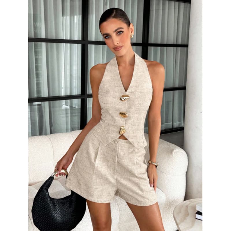 2026 European and American Export Summer Women's Amazon Metal Button Halter V-Neck Backless Vest and Shorts Casual Set