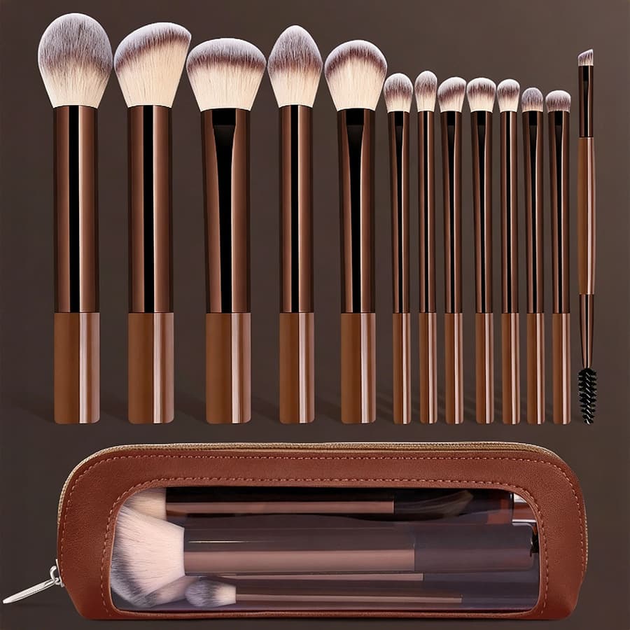 13 Aluminum Tube Makeup Brush Set: Base Brush, Eye Blending Brush, Highlighter Brush, Includes Makeup Brush, With Bag