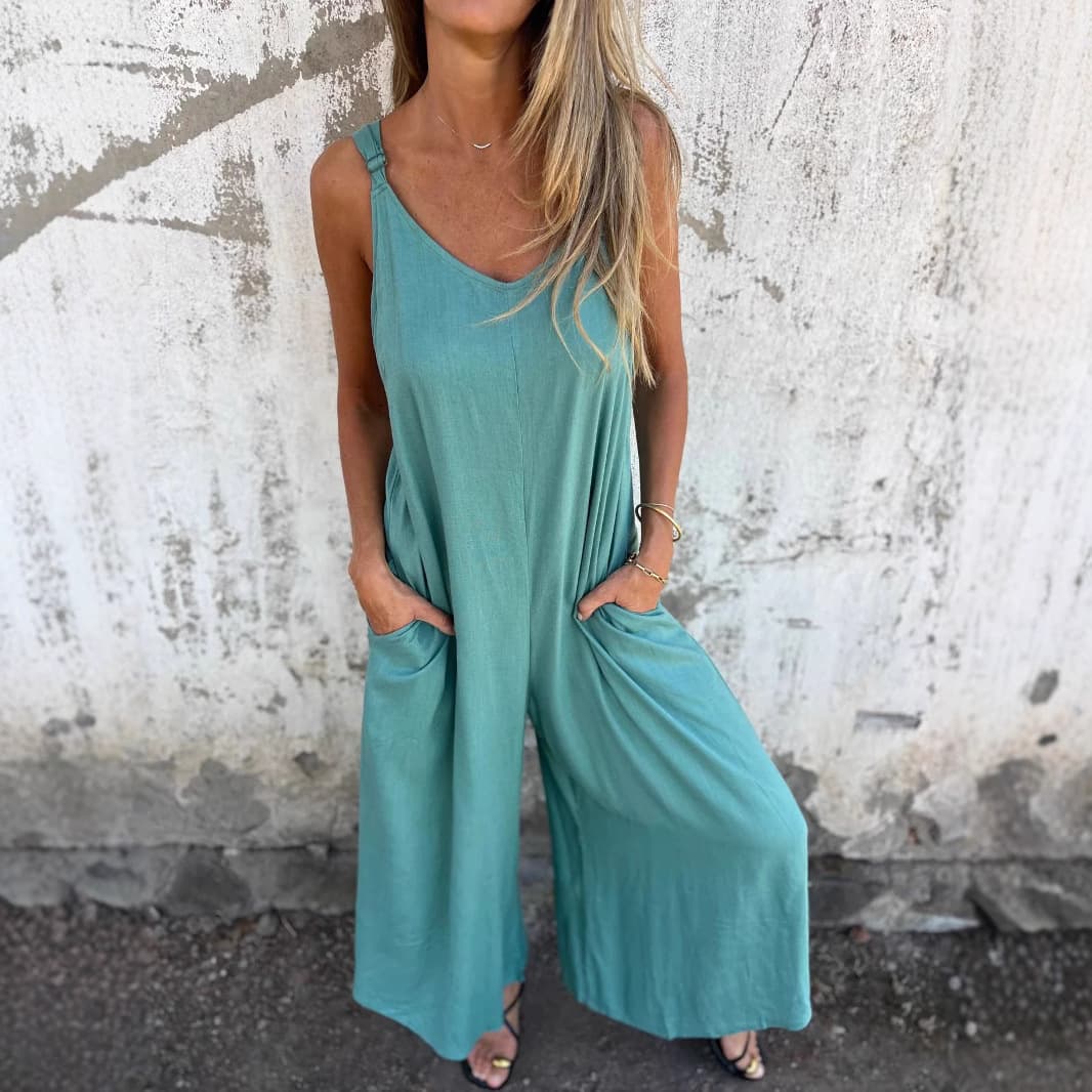 Amazon EU/US Solid Color Jumpsuit Women 2025 Summer New Cotton Linen Pocket Loose Casual Halter Jumpsuit