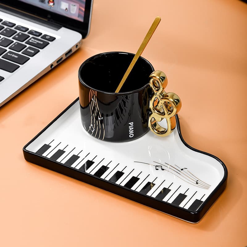Piano Coffee Cup and Saucer Set Creative Cup Set European Style with Spoon Breakfast Ceramic Premium Light Luxury High Appearance