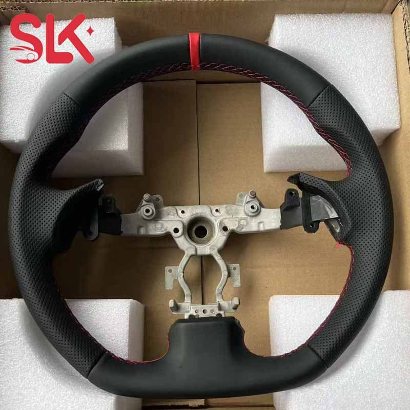 Infiniti G37 Flat-Bottom Sport Style D-Shape Leather Steering Wheel Custom Red Badge Center Mark Red Stitching