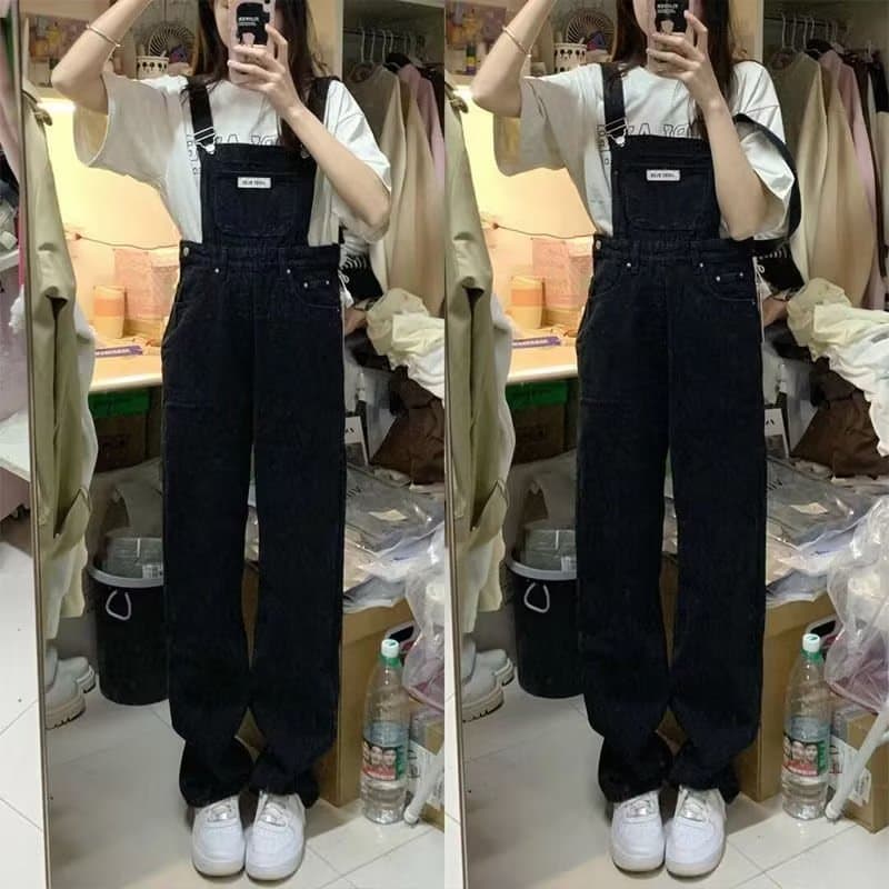 2024 Women's Winter New Korean Style High-Waist Wide-Leg Jumpsuit Loose Denim Thin Suspender Pants