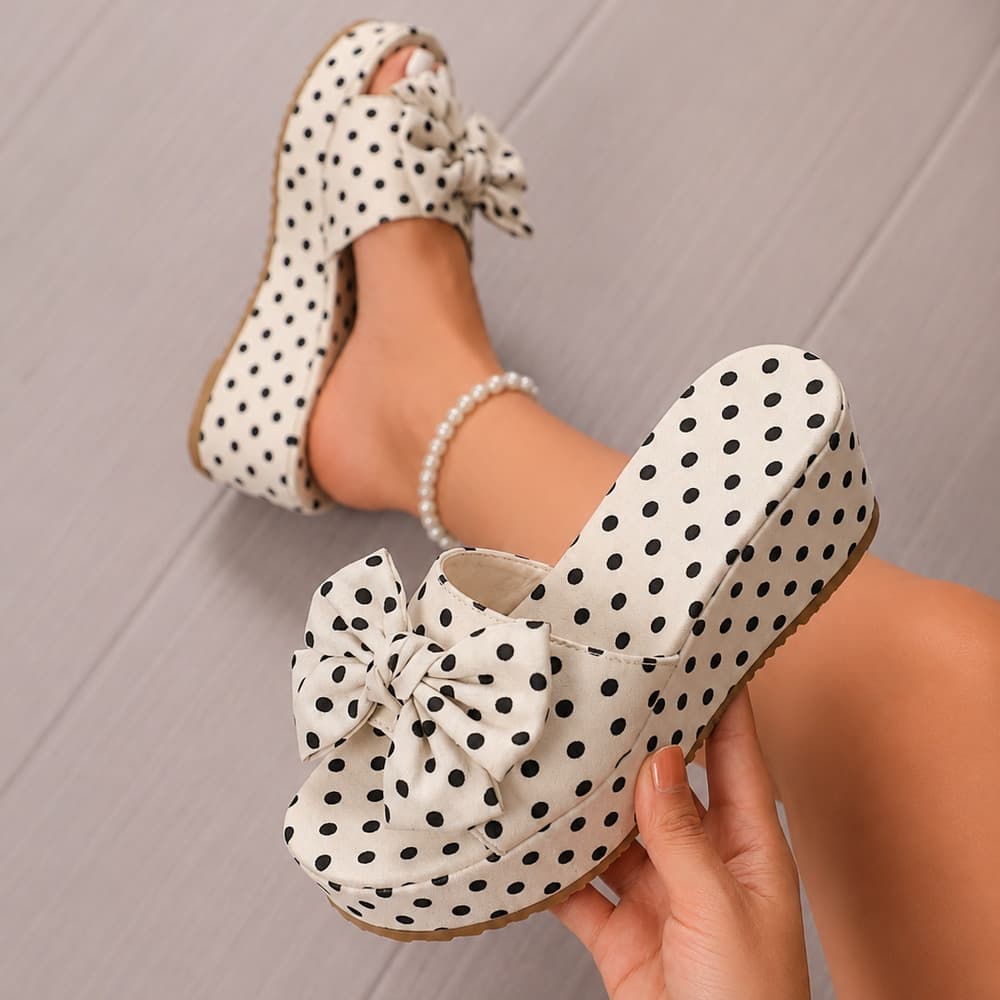 Plus Size Polka Dot Thick Sole Wedge Slide Sandals for Women, European and American Style Elevated Wedge Heel One-Band Slide Mid Heel