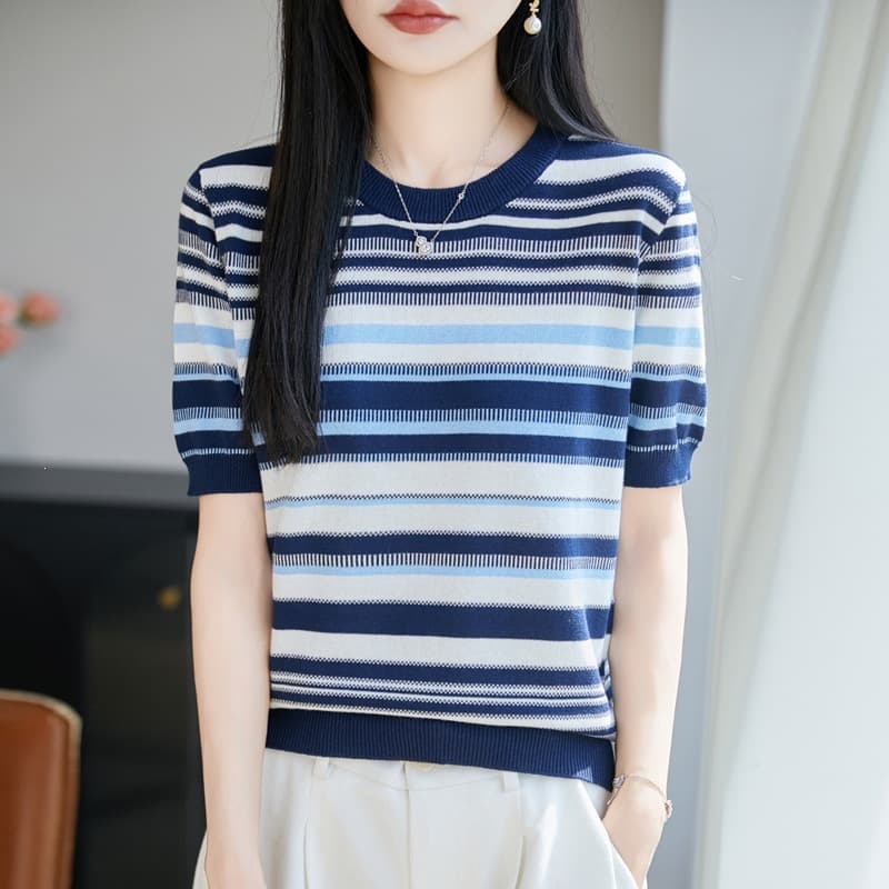 Spring/Summer New 100% Cotton Yarn Round Neck Knitted Short Sleeve Color Stripe Loose Base T-Shirt Top