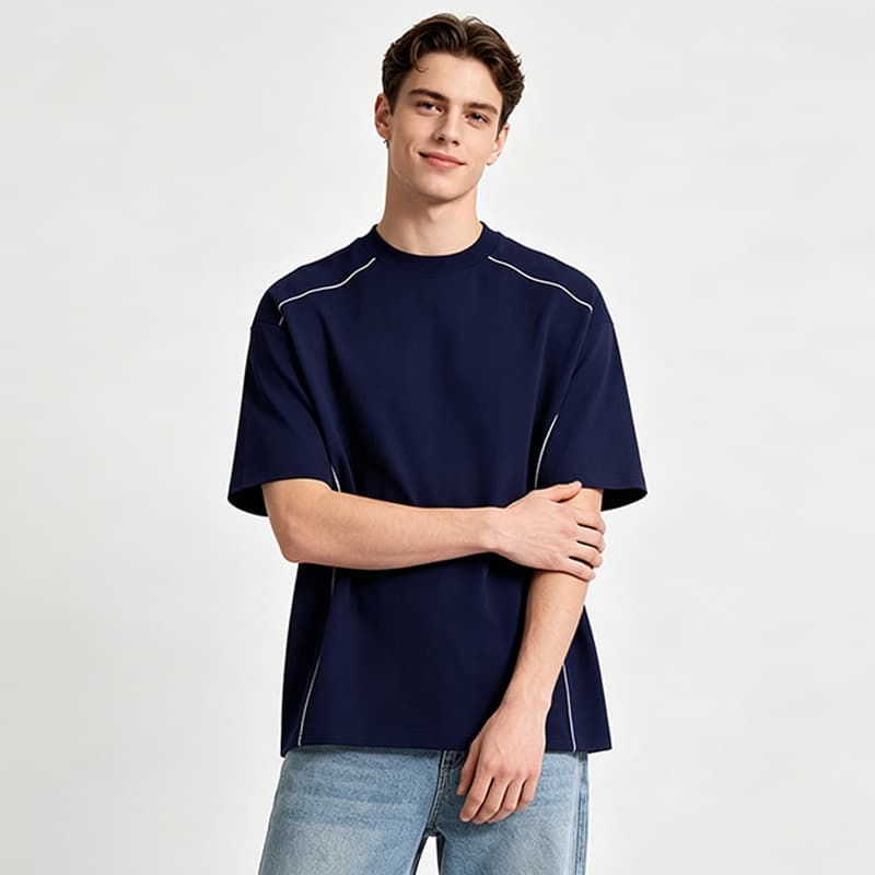 220G 20-Count Pure Cotton Summer New Round Neck Loose Line Patch Streetwear Oversize Couple Short Sleeve T-Shirt