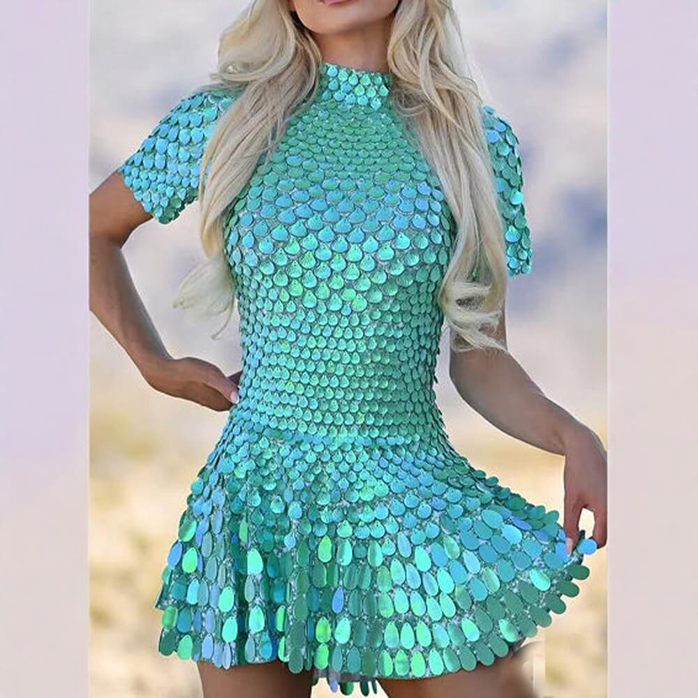 2026 New European and American Cross-Border Sequin Shell Dress Short Sleeve Stand Collar Slim Short Stage Performance Outfit Girl Group Dance Costume