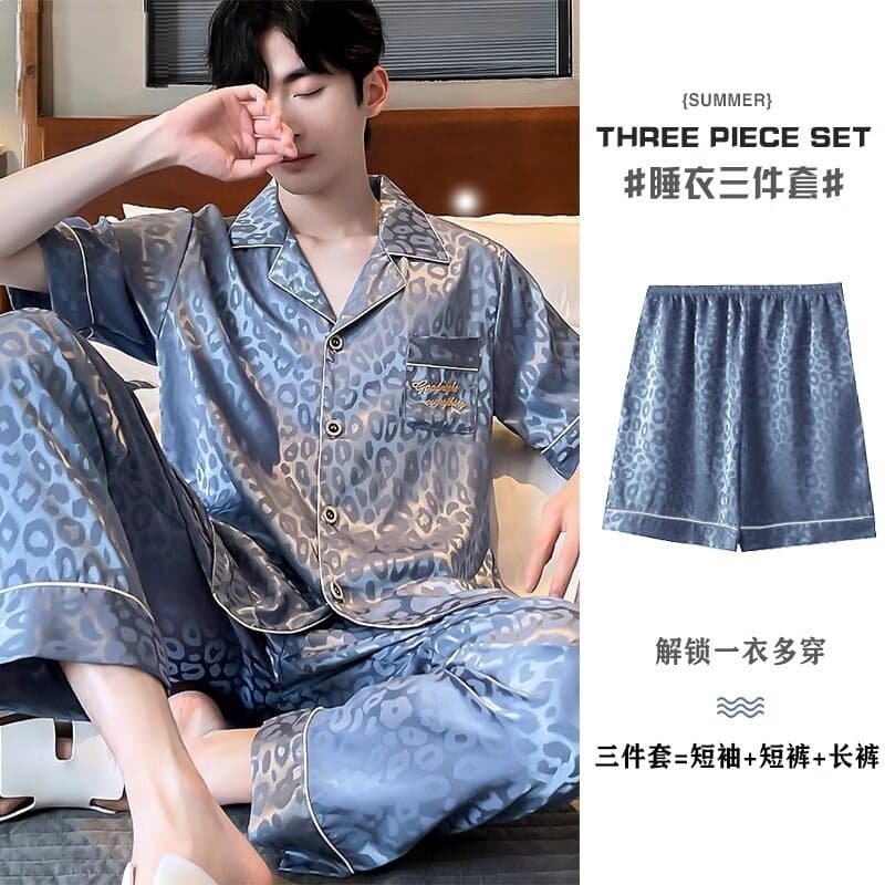 Ice Silk 5050 New Summer Pajamas for Men, Short-Sleeved, Long Pants, Shorts, Three-Piece Set, Simple Solid Color Loungewear