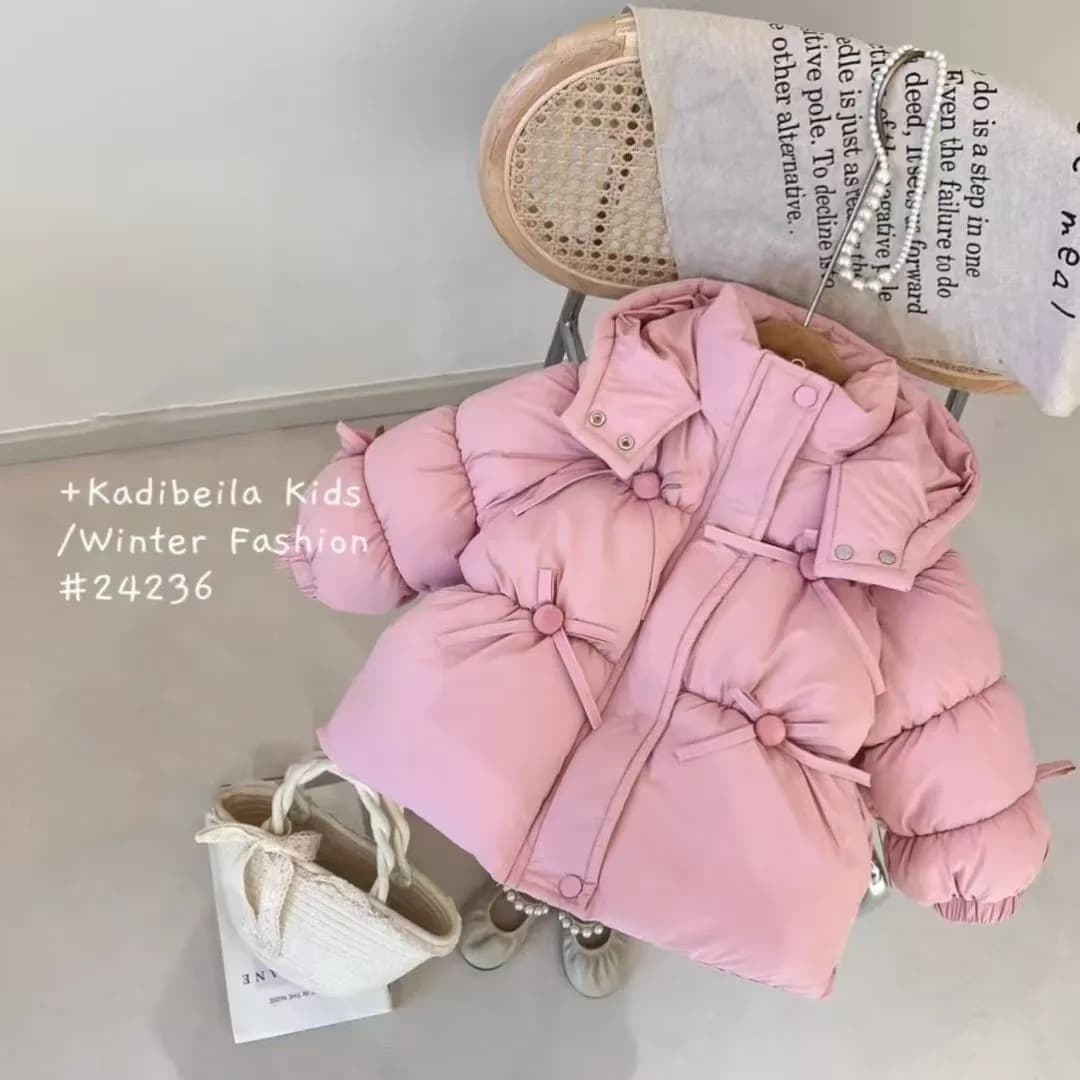 M294 Girls' Cotton Coat 2025 New Style Baby Girls' Sweet 3D Pom Pom Bowknot Warm Hooded Cotton Jacket
