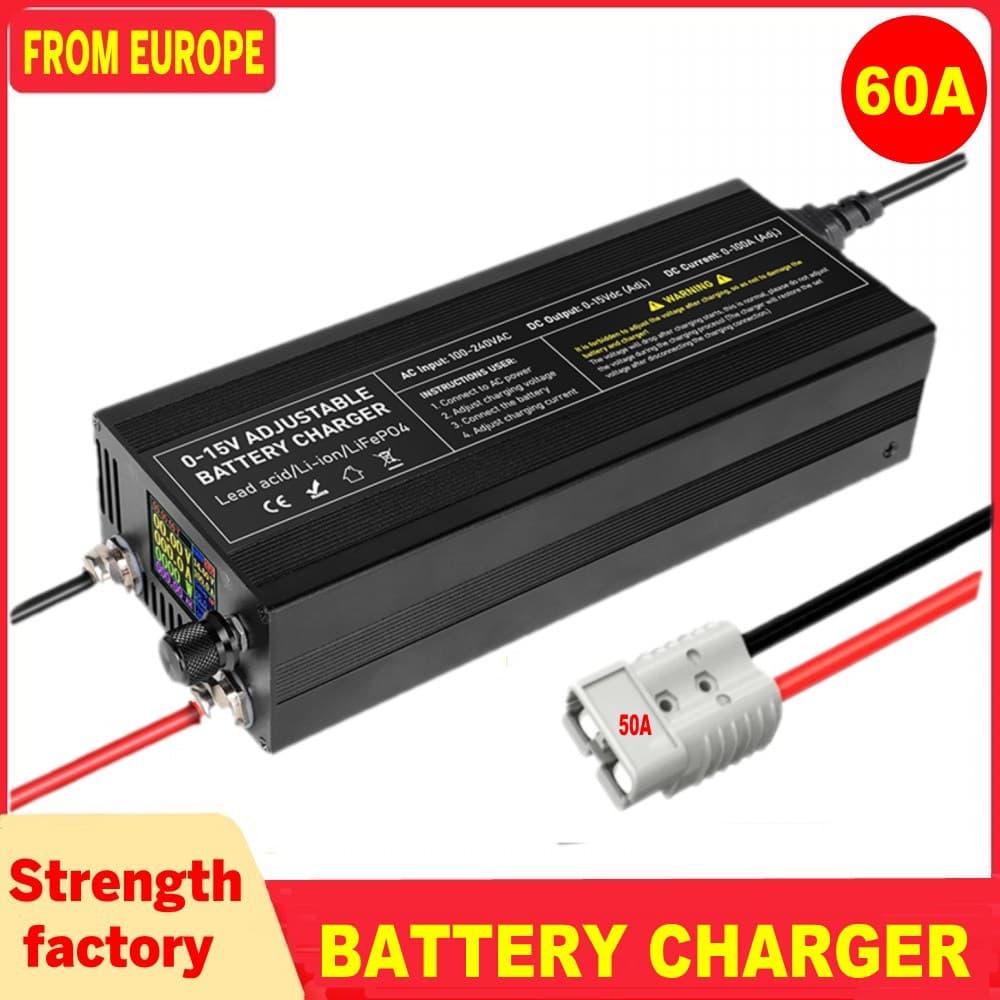 12V Lithium Battery Charger 20A 50A Adjustable Voltage 14.6V 60A LiFePO4 Adapter Safe and Efficient