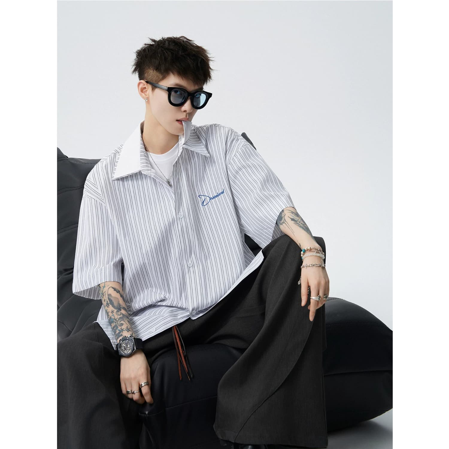 Japanese boyish double-collar short-sleeved shirt for men and women summer 2026 new retro loose half-sleeved striped shirt