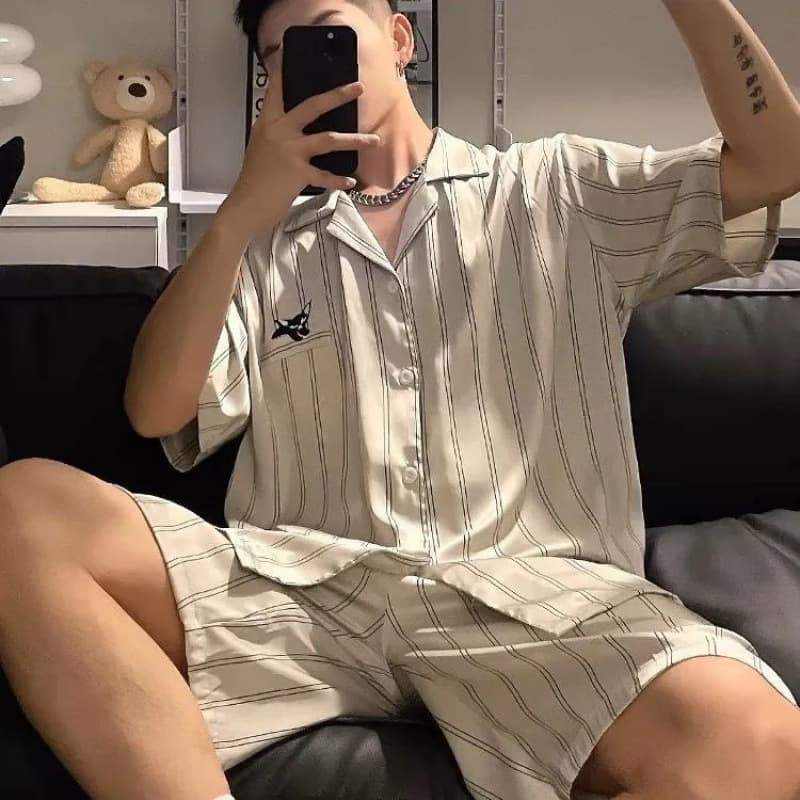 Wearable Summer Thin Ice Silk Short Sleeve Pajamas Men Korean Striped High-End Silk Homewear Set