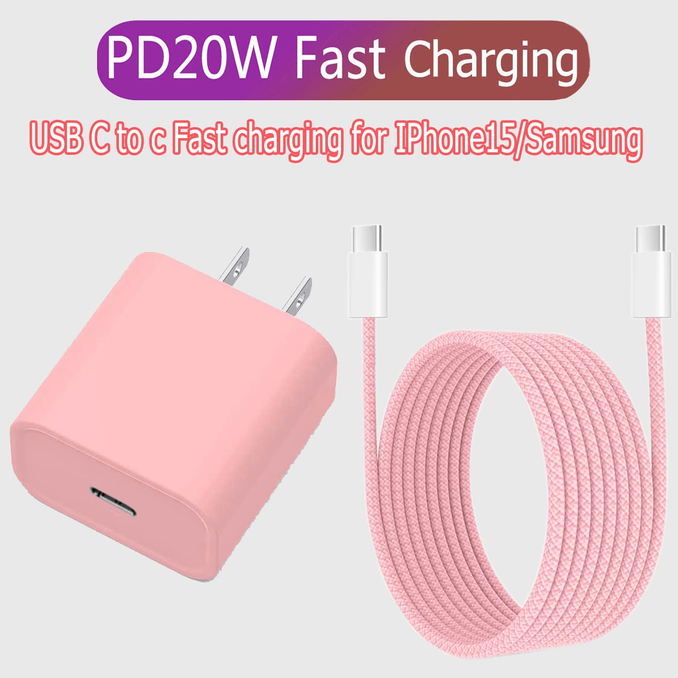 Compatible with iPhone 15 60W Pink PD Charging Cable Type-C Braided Fast Charging Cable Charger 20W Set