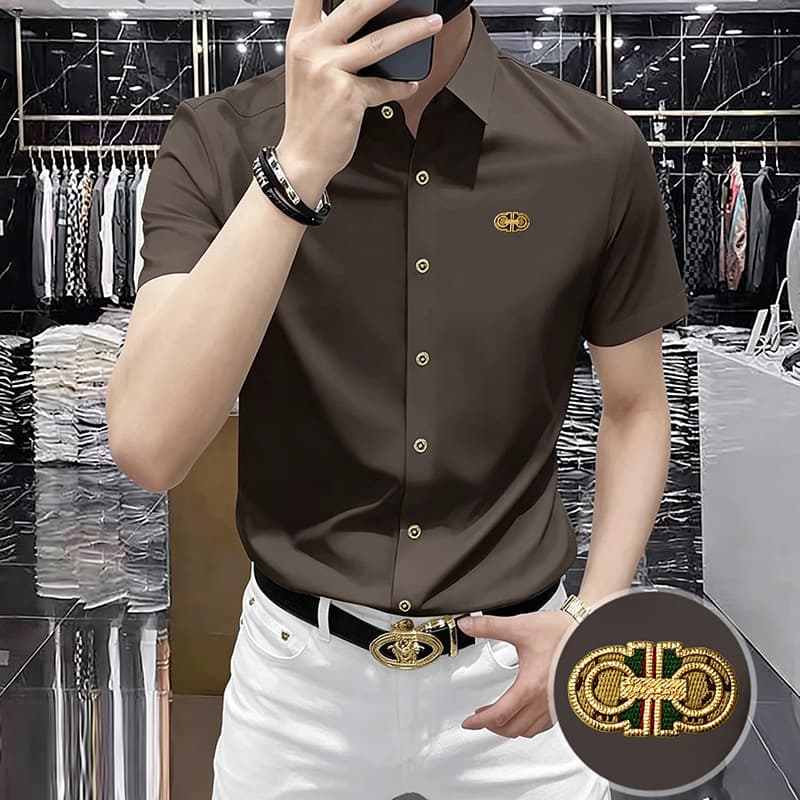 Brown short-sleeved square collar business slim luxury youth high elastic ice silk 2026 summer thin POLO shirt for men