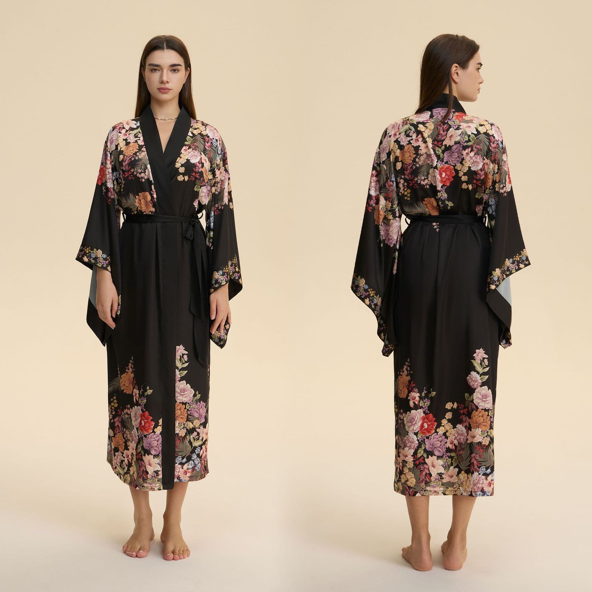 Yaoting European and American style new satin plus size pajamas for women, spring and autumn printed long-sleeved long robe loungewear WP3948