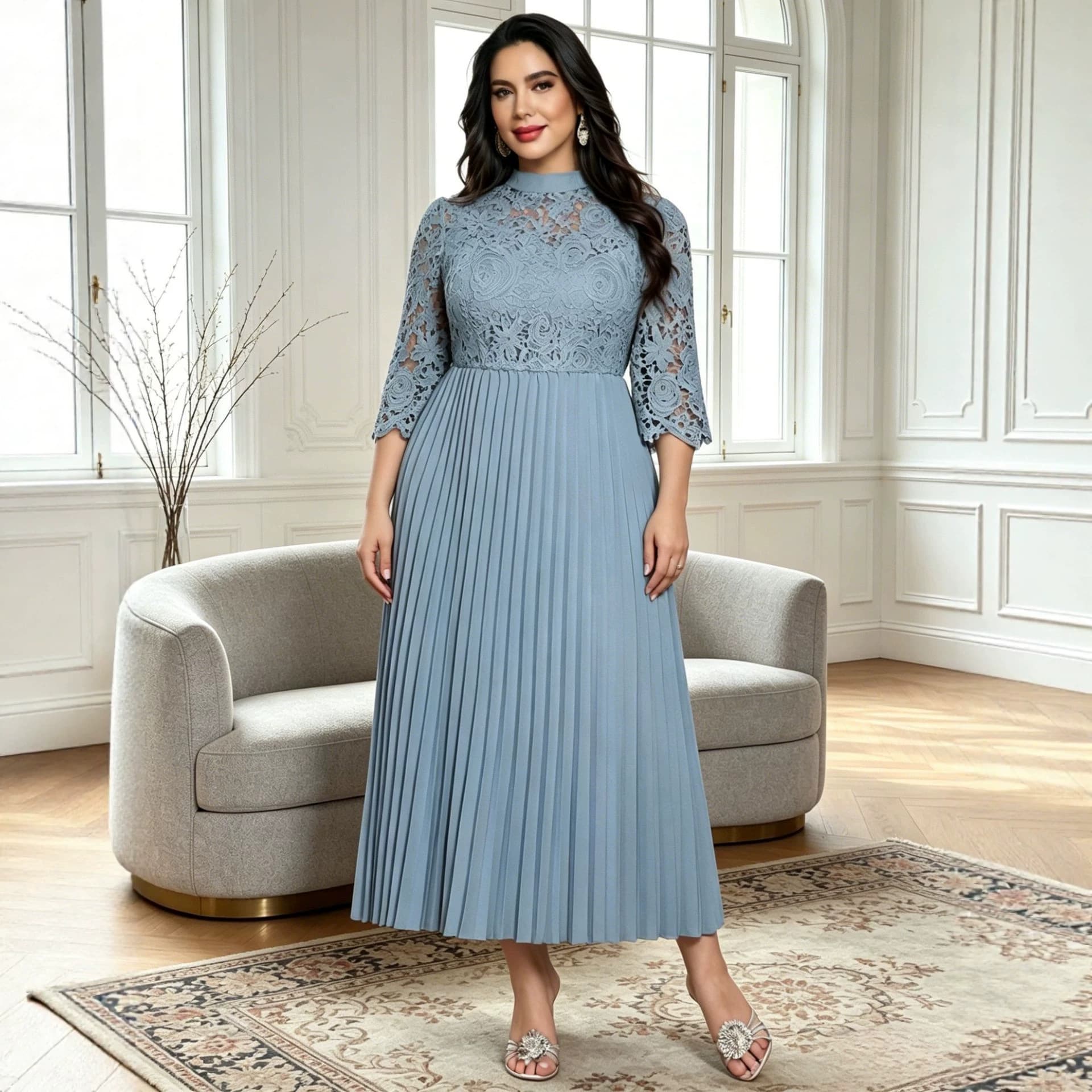Cross-border Hot Sale Plus Size Lace Dress, Semi-high Neck, Medium Sleeve, Pleated, Slimming, Elegant Banquet Gown Long Dress