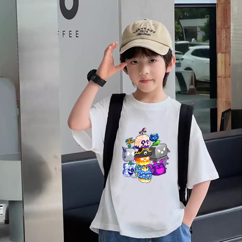 Roblox short-sleeved blox fruits fruit box pattern printed T-shirt for boys and girls, loose and versatile clothing