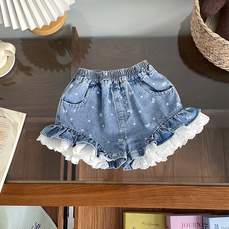 [Ready Stock] XK262648 Children's Shorts 2026 Summer New Girls' Bow Lace Splicing Jeans