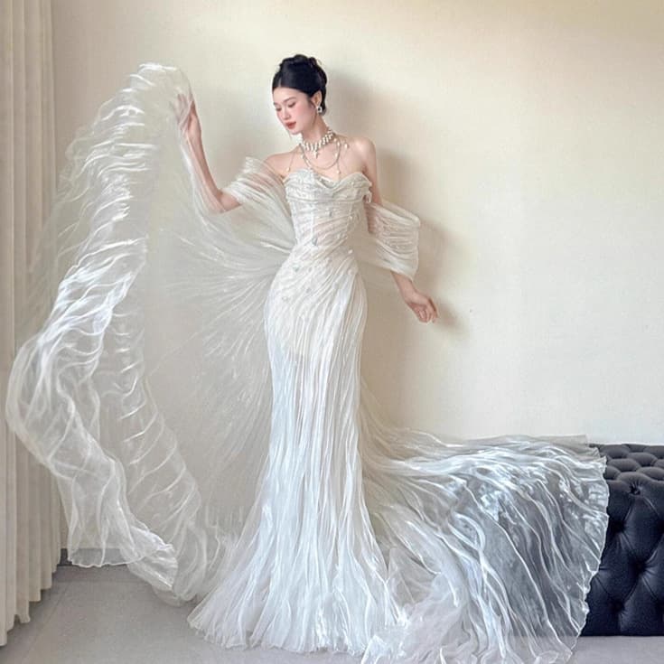 Streaming gauze evening dress, light luxury and high-end, one-shoulder light wedding dress, engagement bride toasting fishtail skirt, light luxury niche