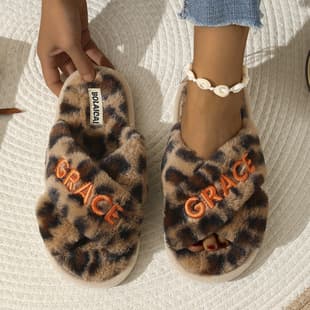 Cross-border embroidered letter cross slippers, fashionable and warm indoor furry slippers, wholesale custom plush cotton slippers