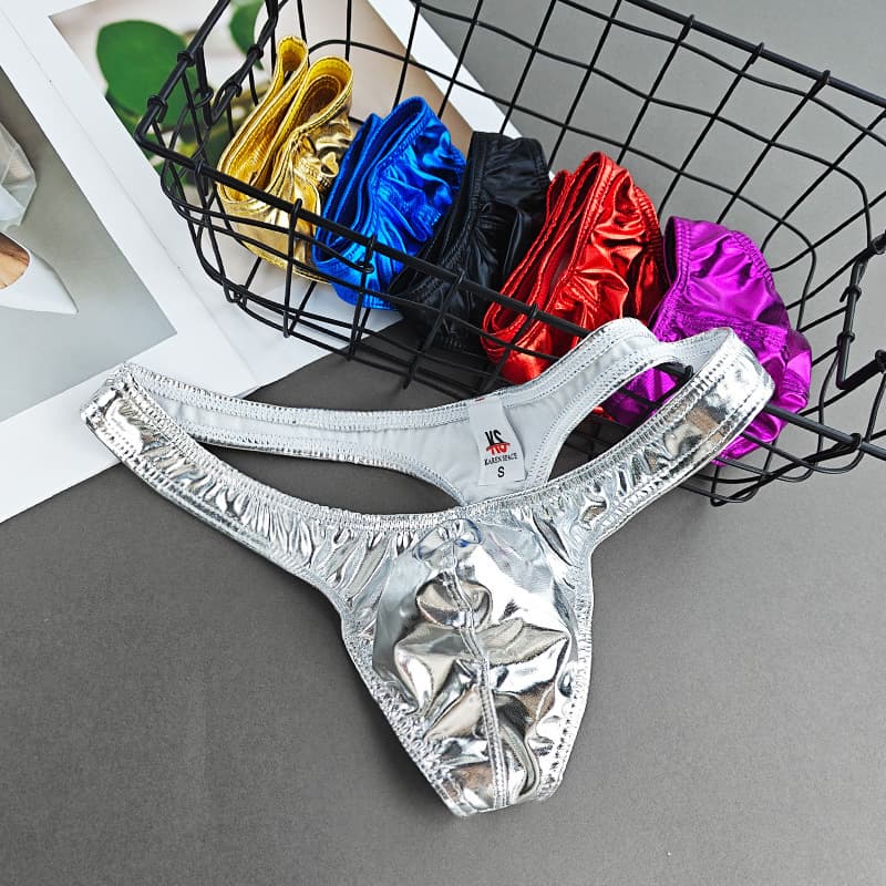 European and American Sexy Men's Underwear Solid Color Bright Thong Faux Leather Sexy Hip-Revealing Low-Rise Sport Briefs