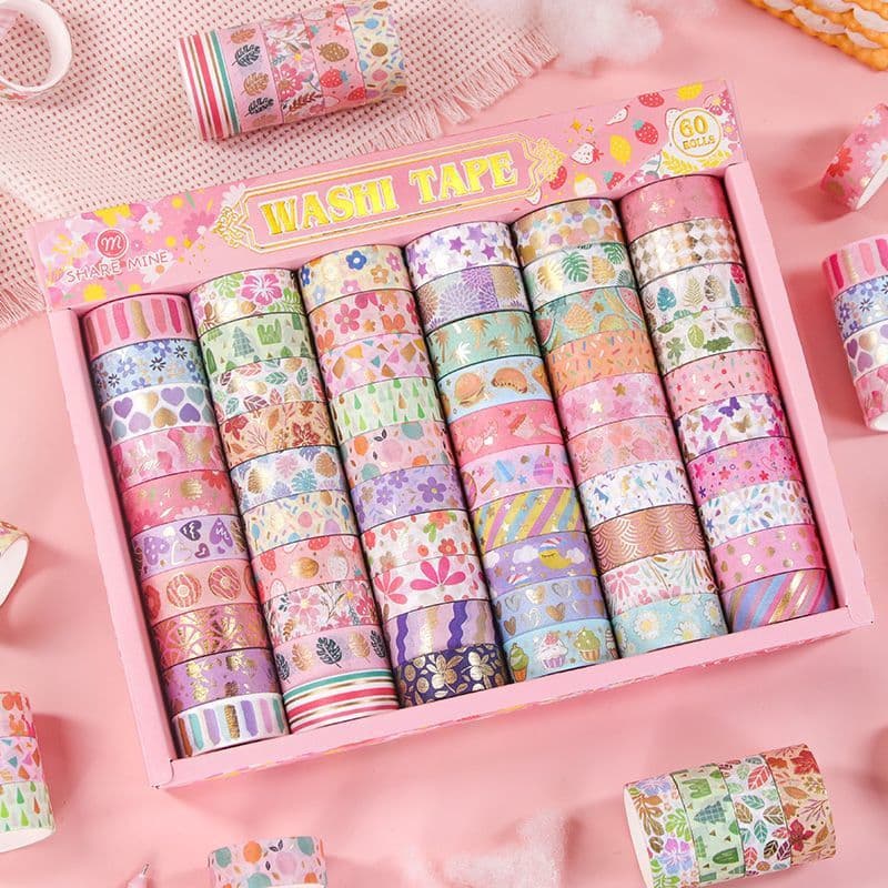Gold-Stamped Washi Tape for Journaling, Cute Original Material Stickers, Gift Box Set for Beginners, 60 Rolls Washi Tape Set