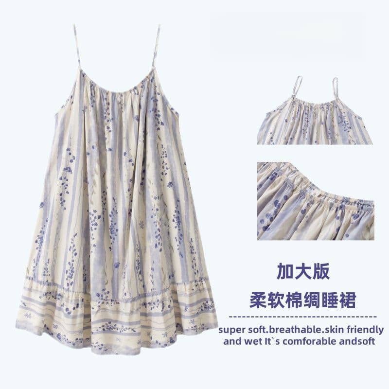 Plus Size Loose Thin Artificial Cotton Silk Sexy Camisole Sleep Dress for Women, Summer Loose Maternity Sleep Dress for 200 Jin