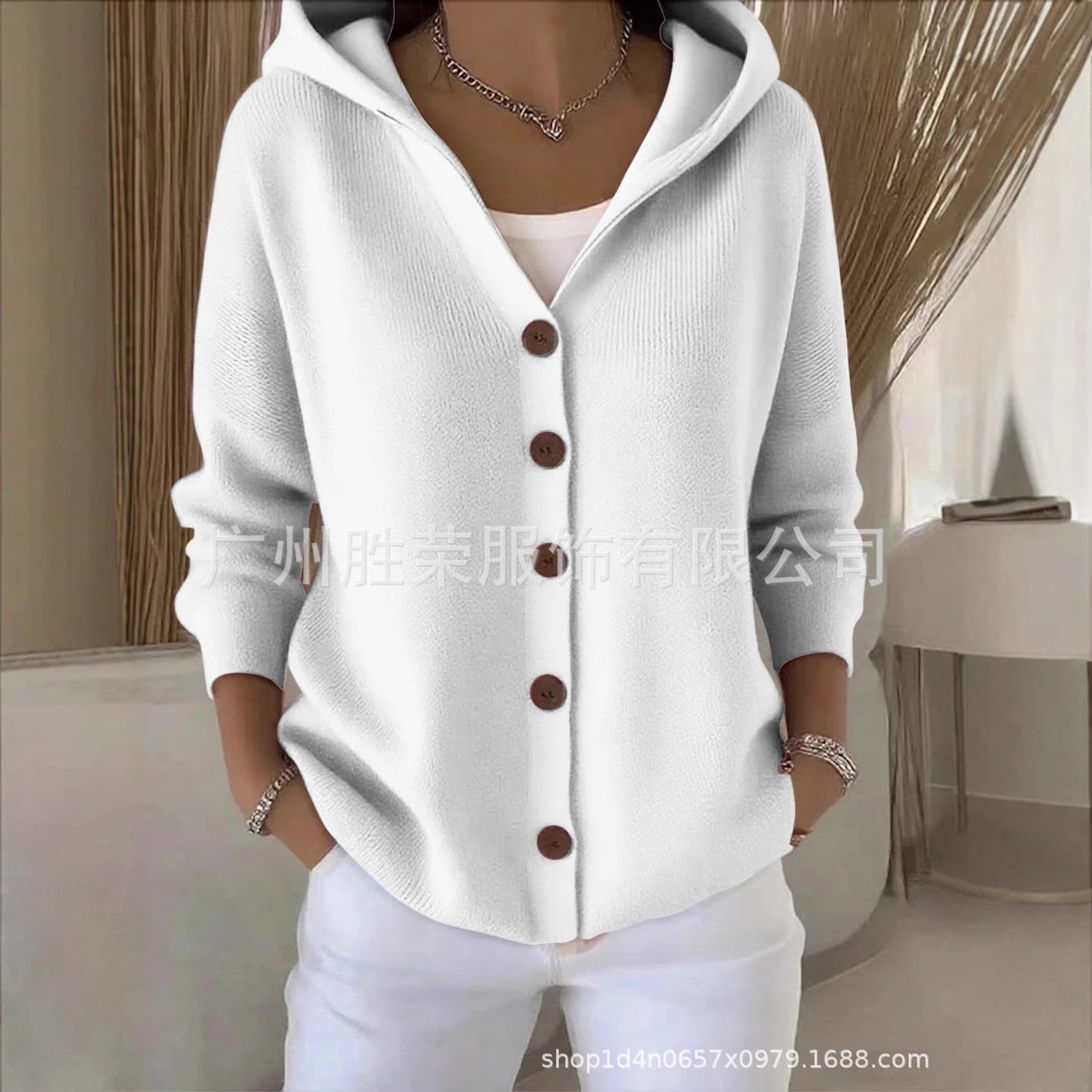 2025 Autumn Winter New Cross-Border Export European American Button Knitted Hooded Cardigan Solid Color Casual Fashion Women's Jacket